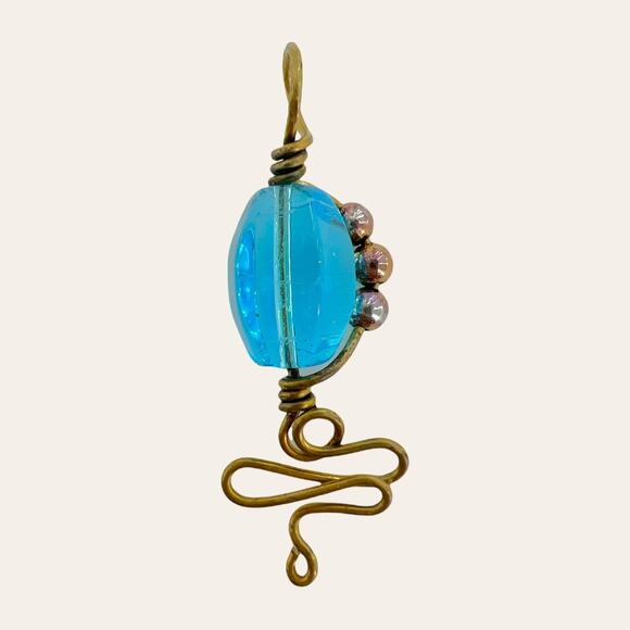 Sea Blue Cypress Goddess Bronze Wire Wrapped Handmade Pendant - Picture 3 of 4